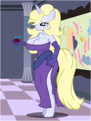 Size: 600x800 | Tagged: safe, artist:flash equestria photography, oc, oc:vanilla vodka, unicorn, anthro, unguligrade anthro, fanfic:drinks are on us, alcohol, beauty mark, big breasts, breasts, cleavage, drinks are on us, female, hair over one eye, jewelry, necklace, pearl necklace, solo