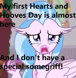 Size: 582x600 | Tagged: safe, edit, screencap, silverstream, hippogriff, g4, the hearth's warming club, caption, image macro, meme, sad, teary eyes, text