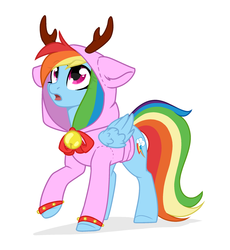 Size: 2161x2347 | Tagged: safe, artist:cloud-fly, artist:rioshi, rainbow dash, pegasus, pony, g4, base used, bell, clothes, costume, female, high res, hoodie, kigurumi, mare, never doubt blaa6 involvement, open mouth, simple background, solo, white background, ych result