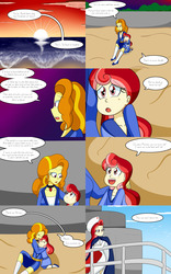 Size: 2000x3200 | Tagged: safe, artist:jake heritagu, adagio dazzle, oc, oc:victory belle, comic:aria's archives, equestria girls, g4, clothes, comic, dialogue, female, flashback, high res, mother and daughter, offspring, parent:adagio dazzle, speech bubble, sun