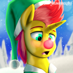 Size: 800x800 | Tagged: safe, artist:jcosneverexisted, oc, oc only, oc:ember flare, pony, unicorn, bust, christmas, cute, hat, holiday, male, open mouth, patreon, profile picture, red nose, reward, santa hat, snow, solo, surprised