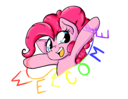 Size: 1021x793 | Tagged: safe, artist:alazak, pinkie pie, earth pony, pony, g4, armpits, female, mare, simple background, smiling, solo, transparent background, welcome