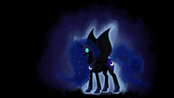 Size: 1920x1080 | Tagged: safe, artist:thiefofcookies, nightmare moon, alicorn, pony, g4, black background, cutie mark, ethereal mane, female, glowing eyes, helmet, jewelry, mare, regalia, simple background, solo, spread wings, starry mane, wallpaper, wings