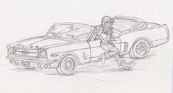 Size: 3052x1653 | Tagged: safe, artist:edhelistar, derpibooru exclusive, sunset shimmer, human, equestria girls, g4, boots, car, clothes, convertible, female, ford mustang, geode of empathy, heeled boots, high heel boots, magical geodes, miniskirt, pencil drawing, shoes, skirt, traditional art, wip