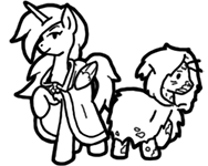 Size: 188x150 | Tagged: safe, artist:crazyperson, pony, fallout equestria, fallout equestria: commonwealth, artificial alicorn, black and white, duo, fanfic art, female, grayscale, green alicorn (fo:e), mare, monochrome, picture for breezies, raised hoof, robes, simple background, transparent background