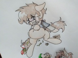 Size: 1292x969 | Tagged: safe, artist:paper view of butts, oc, oc:duck witz, earth pony, pony, blushing, burger, chubby, clothes, colored, cute, drink, fat, food, french fries, glasses, male, soda, traditional art