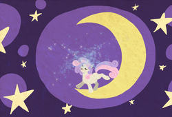 Size: 1274x868 | Tagged: safe, artist:thiefofcookies, sweetie belle, pony, unicorn, g4, abstract background, crescent moon, eyes closed, female, filly, hush now quiet now, moon, open mouth, singing, solo, sparkles, tangible heavenly object, transparent moon