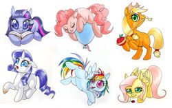 Size: 1024x643 | Tagged: safe, artist:thiefofcookies, applejack, fluttershy, pinkie pie, rainbow dash, rarity, twilight sparkle, earth pony, ladybug, pegasus, pony, unicorn, g4, apple, balloon, book, cute, dirty, eyes closed, female, filly, floating, floppy ears, freckles, lasso, mane six, muddy hooves, obligatory apple, rope, simple background, then watch her balloons lift her up to the sky, white background