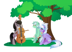 Size: 1280x931 | Tagged: safe, artist:thiefofcookies, cloudchaser, lyra heartstrings, octavia melody, earth pony, pegasus, pony, unicorn, g4, cello, commission, cutie mark, eyes closed, female, mare, musical instrument, performance, seat, simple background, sitting, smiling, transparent background, tree