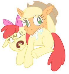 Size: 1280x1362 | Tagged: safe, artist:thiefofcookies, apple bloom, applejack, earth pony, pony, g4, angry, apple, blank flank, cannibalism, derp, duo, female, filly, filly prey, mare, mare pred, mouth hold, not salmon, open mouth, ponies eating ponies, salivating, siblings, silly, silly pony, simple background, sisters, teeth, that pony sure does love apples, who's a silly pony