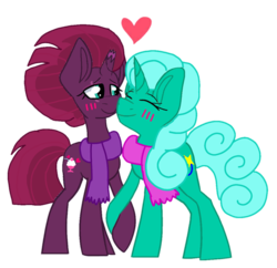Size: 1053x1021 | Tagged: safe, artist:徐詩珮, fizzlepop berrytwist, glitter drops, tempest shadow, pony, unicorn, g4, broken horn, clothes, eyes closed, female, horn, lesbian, scarf, ship:glittershadow, shipping, simple background, transparent background