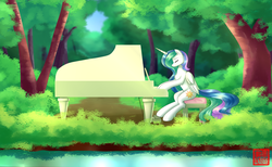Size: 1800x1110 | Tagged: safe, artist:darksprings, princess celestia, pony, g4, female, forest, musical instrument, piano, solo, water