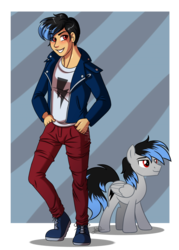 Size: 2500x3500 | Tagged: safe, artist:jack-pie, oc, oc only, oc:black thunder, human, pegasus, pony, clothes, high res, humanized, humanized oc, jacket, leather jacket, male, pants, self ponidox, shirt, smiling, stallion