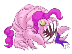 Size: 1280x960 | Tagged: safe, artist:thiefofcookies, pinkie pie, crab, monster pony, g4, body horror, claws, crabified, eldritch abomination, eldritch pony, exoskeleton, female, forked tongue, monster, open mouth, sharp teeth, simple background, slit pupils, solo, species swap, teeth, tongue out, wat, white background