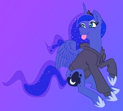Size: 1280x1160 | Tagged: safe, artist:thiefofcookies, princess luna, alicorn, pony, g4, clothes, cutie mark, ethereal mane, female, gift art, gradient background, hoodie, jewelry, mare, missing accessory, raised hoof, regalia, silly, silly pony, simple background, sitting, smiling, solo, spread wings, starry mane, tongue out, wings