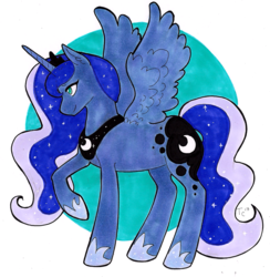 Size: 1280x1313 | Tagged: safe, artist:thiefofcookies, princess luna, alicorn, pony, g4, cutie mark, ethereal mane, female, jewelry, mare, raised hoof, regalia, sidemouth, simple background, smiling, solo, spread wings, starry mane, white background, wings