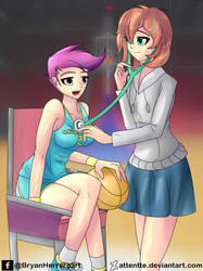 Size: 1024x1366 | Tagged: safe, artist:attentte, scootaloo, oc, oc:healing touch, equestria girls, g4, athletics, basketball, checkup, listening, nurse, nurse in training, older, sports, sports shorts, stethoscope