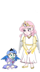 Size: 720x1280 | Tagged: safe, artist:tsundra, princess celestia, princess luna, human, g4, baby, celestia is not amused, cewestia, child, female, horn, horned humanization, humanized, pacifier, pink-mane celestia, sisters, unamused, winged humanization, wings, woona, younger