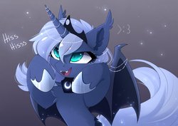 Size: 2288x1621 | Tagged: safe, artist:magnaluna, princess luna, alicorn, bat pony, bat pony alicorn, pony, :3, >:3, alternate design, bat ponified, bipedal, cheek fluff, chest fluff, cute, cute little fangs, ear fluff, ear tufts, fangs, female, fluffy, glare, hissing, hoof shoes, horn jewelry, jewelry, leg fluff, lidded eyes, looking up, lunabetes, mare, nightmare luna, open mouth, race swap, s1 luna, slit pupils, smiling, smirk, solo, sparkles, spread wings, wing jewelry, wings