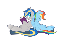 Size: 2600x1600 | Tagged: safe, artist:l8lhh8086, rainbow dash, oc, oc:dopami korpela, pony, g4, back to back, book, canon x oc, dopadash, female, male, shipping, simple background, sleeping, straight, transparent background