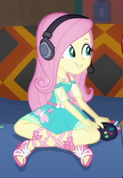 Size: 415x599 | Tagged: safe, screencap, fluttershy, equestria girls, equestria girls series, g4, game stream, spoiler:eqg series (season 2), clothes, cropped, crossed legs, cute, dress, female, fluttershy boho dress, gamershy, geode of fauna, headphones, headset, magical geodes, sandals, shyabetes