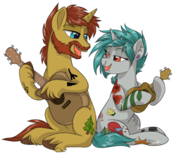 Size: 1600x1409 | Tagged: safe, artist:lostinthetrees, oc, oc only, pony, unicorn, female, guitar, male, mare, musical instrument, nose piercing, nose ring, piercing, simple background, stallion, tattoo, transparent background, ukulele