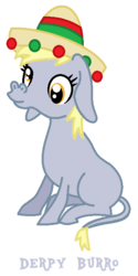 Size: 328x656 | Tagged: safe, artist:dec browne, derpy hooves, donkey, pony, derpibooru, g4, donkified, female, hat, mare, meta, pun, simple background, sitting, solo, sombrero, species swap, white background