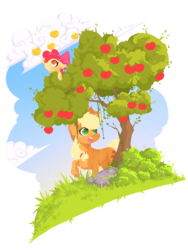 Size: 1067x1420 | Tagged: safe, artist:makkah, apple bloom, applejack, earth pony, pony, g4, apple, apple tree, bow, cowboy hat, cute, female, filly, food, hair bow, hat, mare, sisters, sky, tree