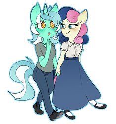 Size: 2148x2298 | Tagged: dead source, safe, artist:dekuloid, bon bon, lyra heartstrings, sweetie drops, earth pony, unicorn, anthro, plantigrade anthro, g4, blushing, clothes, dress, female, high res, holding hands, jeans, lesbian, mare, pants, ship:lyrabon, shipping, shirt, shoes, simple background, smiling, song cover, starry eyes, white background, wingding eyes