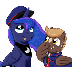 Size: 944x889 | Tagged: safe, artist:hoofclid, princess luna, oc, oc:amber glow, alicorn, pegasus, pony, series:who we become, g4, accessory swap, canon x oc, clothes, fanfic, fanfic art, female, hat, lesbian, shipping