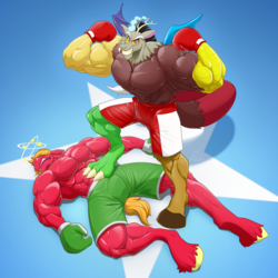 Size: 2123x2123 | Tagged: safe, artist:ponyanony, big macintosh, discord, earth pony, anthro, unguligrade anthro, g4, boxing, deltscord, duo, duo male, great macintosh, high res, male, muscles, sports, unconscious