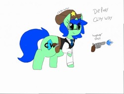Size: 512x387 | Tagged: safe, artist:chillywilly, oc, oc only, oc:chilly willy, pony, unicorn, clothes, cowboy hat, deputy, glasses, gun holster, hat, necktie, simple background, solo, vest, watergun