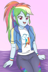 Size: 1878x2790 | Tagged: safe, artist:sumin6301, rainbow dash, equestria girls, equestria girls series, clothes, female, shirt, simple background, sitting, smiling, solo