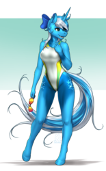 Size: 2954x4750 | Tagged: safe, artist:mykegreywolf, oc, oc only, oc:snow sailor, unicorn, anthro, unguligrade anthro, anthro oc, bow, breasts, clothes, female, hair bow, high-cut clothing, mare, one-piece swimsuit, open mouth, rule 63, solo, sports swimsuit, sunglasses, swimsuit