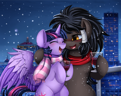 Size: 3215x2540 | Tagged: safe, artist:pridark, twilight sparkle, oc, oc:midnight radiance (sixpathspony), alicorn, pony, g4, alcohol, blushing, canon x oc, city, clothes, eyes closed, female, glass, high res, male, mare, night, scarf, smiling, snow, snowfall, stallion, twilight sparkle (alicorn), wine, wine glass