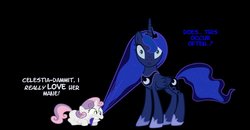 Size: 900x469 | Tagged: safe, princess luna, sweetie belle, g4, biting, breaking the fourth wall, confused, cute, diasweetes, funny, i really like her mane, lunabetes, silly, text