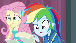 Size: 1280x720 | Tagged: safe, screencap, fluttershy, rainbow dash, equestria girls, g4, my little pony equestria girls: better together, stressed in show, animation error, female, geode of fauna, geode of super speed, magical geodes, reading, what the fuck am i reading