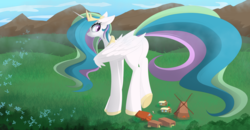 Size: 5752x3000 | Tagged: safe, artist:posionjoke, princess celestia, alicorn, griffon, pony, g4, butt, dock, female, giantlestia, imminent crushing, imminent death, macro, mare, plot, this will end in death, this will end in detention, windmill