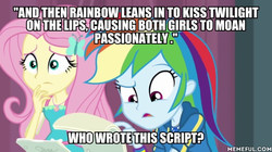 Size: 600x337 | Tagged: safe, edit, edited screencap, screencap, fluttershy, rainbow dash, equestria girls, g4, my little pony equestria girls: better together, stressed in show, caption, geode of fauna, geode of super speed, image macro, magical geodes, meme, memeful.com, text