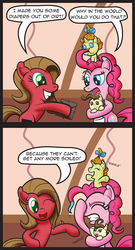 Size: 862x1600 | Tagged: safe, artist:gray--day, pinkie pie, pound cake, pumpkin cake, oc, oc:pun, earth pony, pony, ask pun, g4, baby, baby pony, bad pun, box, colt, comic, diaper, eyes closed, facehoof, female, filly, male, mare, pinkie pie is not amused, pun, unamused