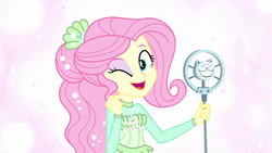 Size: 1920x1080 | Tagged: safe, screencap, fluttershy, equestria girls, equestria girls series, so much more to me, cute, female, looking at you, microphone, one eye closed, pink background, shyabetes, simple background, singing, solo, wink