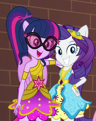 Size: 373x470 | Tagged: safe, screencap, rarity, sci-twi, twilight sparkle, equestria girls, equestria girls specials, g4, my little pony equestria girls: dance magic, bare shoulders, big smile, clothes, cropped, dress, open mouth, ponied up, sci-twilicorn, sleeveless, smiling