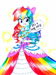 Size: 774x1033 | Tagged: safe, artist:liaaqila, rainbow dash, equestria girls, g4, clothes, dialogue, dress, female, rainbow dash always dresses in style, simple background, solo, traditional art, white background