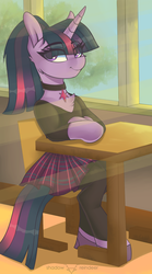 Size: 1181x2126 | Tagged: safe, artist:php97, twilight sparkle, unicorn, semi-anthro, g4, alternate hairstyle, arm hooves, chest fluff, choker, clothes, collar, cute, cutie mark collar, female, mare, pantyhose, plaid skirt, pleated skirt, ponytail, school uniform, sitting, skirt, solo, unicorn twilight