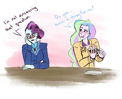 Size: 500x406 | Tagged: safe, artist:xx-romantique, princess celestia, principal abacus cinch, principal celestia, human, equestria girls, g4, blushing, cinchlestia, crack shipping, cupcake, dialogue, duo, duo female, female, food, lesbian, shipping, speech bubble, text