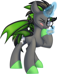 Size: 1024x1312 | Tagged: safe, artist:kellythedrawinguni, oc, oc only, alicorn, ammonite, bat pony, pony, fossil, hooves, magic, magnifying glass, male, simple background, solo, stallion, transparent background