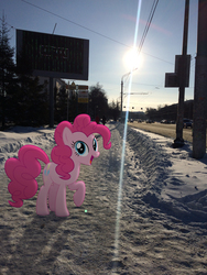 Size: 2448x3264 | Tagged: safe, artist:albertuha, artist:illumnious, pinkie pie, earth pony, pony, g4, female, high res, hooves, irl, mare, photo, ponies in real life, raised hoof, smiling, snow, solo, winter