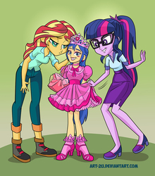 Size: 1096x1245 | Tagged: safe, artist:art-2u, flash sentry, sci-twi, sunset shimmer, twilight sparkle, oc, oc:felicity sentry, equestria girls, g4, amazon, blushing, choker, clothes, commissioner:shortskirtsandexplosions, crossdressing, dress, ear piercing, earring, femboy, frilly dress, girly sentry, grin, high heels, jewelry, kissy face, larger female, male, not rule 63, piercing, pink dress, shoes, side slit, sissy, size difference, skirt, smaller male, smiling, tiara