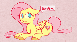 Size: 1200x664 | Tagged: safe, artist:niteax, fluttershy, pegasus, pony, g4, @, abstract background, cute, dialogue, don't @ me, female, floppy ears, hooves, looking at you, mare, open mouth, prone, reaction image, smiling, solo