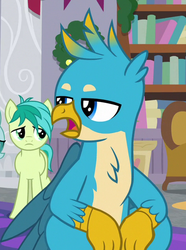Size: 477x642 | Tagged: safe, screencap, gallus, ocellus, sandbar, changedling, changeling, earth pony, griffon, pony, g4, the hearth's warming club, chest fluff, claws, cropped, male, offscreen character, wings